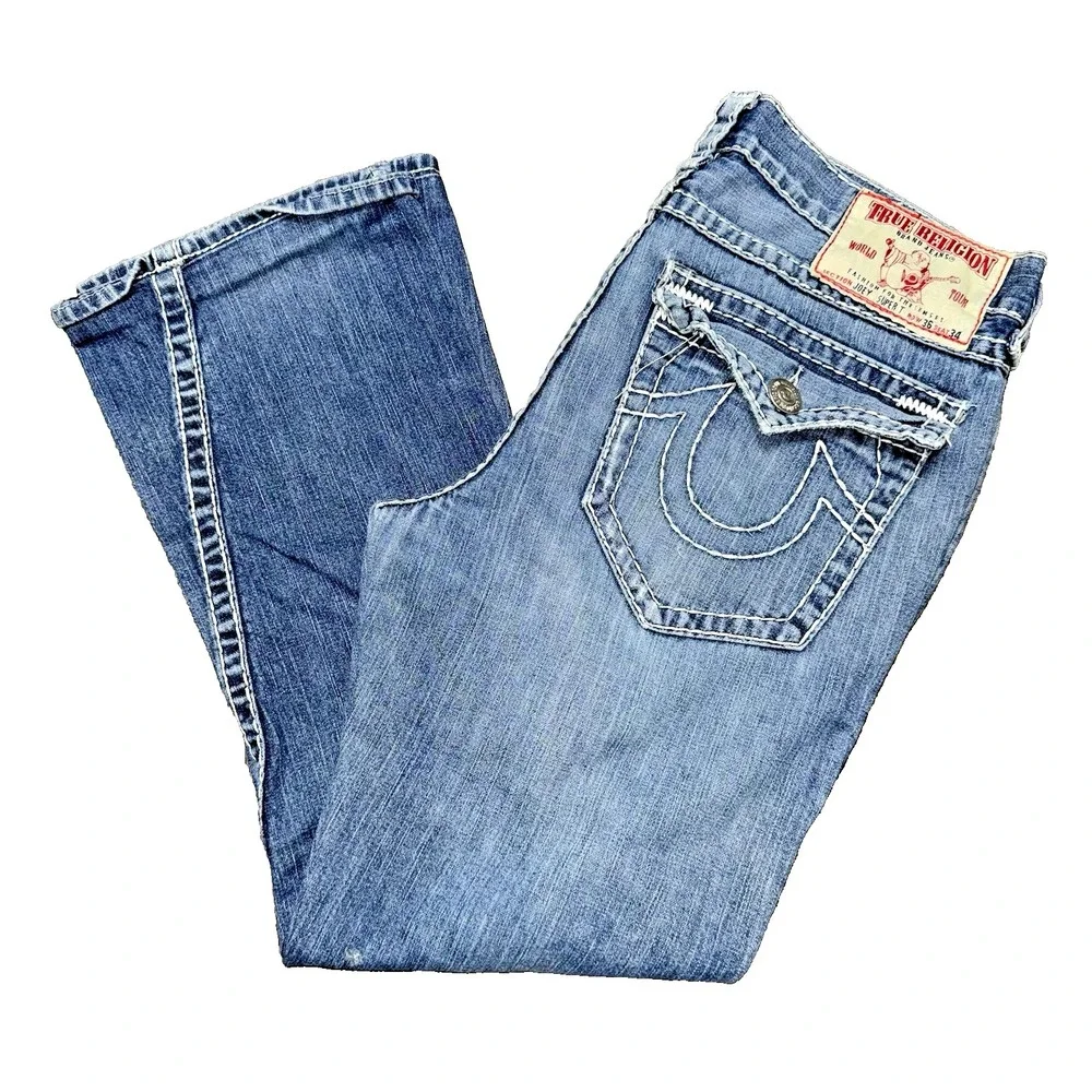 True Religion Joey Super T Mens Jeans Blue 36x28 Twisted Seam Flap Pocket USA